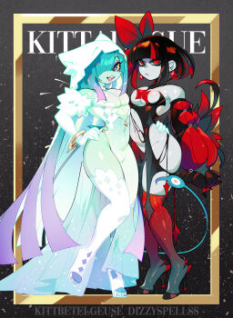 2boys animal_ears aqua_eyeshadow aqua_hair arm_around_waist artist_collaboration artist_name black_dress black_hair blue_eyes blue_eyeshadow bracelet bridal_veil bulge clothing_cutout colored_sclera colored_skin colored_tips cover crossdressing crossdressing_(mtf) detached_sleeves dizzyspells dress earrings elbow_gloves expressionless eyeshadow fake_magazine_cover fangs formal_clothes full_body gem gloves gold_bracelet gradient_hair gradient_socks green_skin grey_skin hair_over_one_eye hand_on_another&#039;s_hip high_heels highres hip_vent jewelry kitt_betelgeuse kneehighs light_frown long_dress long_eyelashes long_sleeves low_neckline magazine_cover makeup male_focus multicolored_hair multiple_boys navel navel_cutout open_mouth original pectoral_cleavage pectorals puffy_long_sleeves puffy_sleeves purple_eyeshadow purple_hair red_dress red_eyes red_gemstone red_hair red_sleeves red_socks revealing_clothes scythe_(dizzyspells) side_slit single_thighhigh sleeves_past_fingers sleeves_past_wrists smile socks standing star_(symbol) star_earrings thighhighs trap two-tone_dress two-tone_hair veil velo_(kitt_betelgeuse) white_gloves white_thighhighs white_veil yellow_sclera