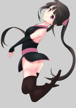 Rule 34 | 1girl, ass, bare back, bare shoulders, black dress, black gloves, black hair, black thighhighs, blush, breasts, chinese clothes, collarbone, dress, elbow gloves, female focus, fingerless gloves, gloves, grey background, hair ornament, hair ribbon, highres, kaden, long hair, looking to the side, monochrome background, no panties, red eyes, ribbon, senki zesshou symphogear, simple background, small breasts, smile, solo, thighhighs, tsukuyomi shirabe, twintails