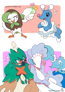 blue_hair blush brionne closed_eyes dartrix decidueye fang flower furry gem gen_7_pokemon hair_ornament hat hood hoodie long_hair nintendo pearl_(gemstone) pokemon pokemon_(creature) primarina smile sunsuma tumblr_username very_long_hair wings yellow_eyes
