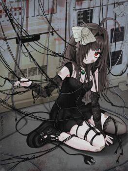 1girl ahoge animal animal_on_head arm_warmers artist_name bags_under_eyes bandaid bandaid_on_arm bandaid_on_cheek bandaid_on_face bandaid_on_leg black_boots black_dress black_nails boots brown_hair bug cable cable_tail closed_mouth commentary dress electric_plug electric_plug_tail full_body hair_intakes hair_over_one_eye highres insect lace lace-trimmed_thighhighs lace_arm_warmers lace_trim long_hair looking_at_viewer mechanical_tail moth nail_polish on_floor on_head one_eye_covered original red_eyes shibari shibari_over_clothes short_dress single_thighhigh sitting sleeveless sleeveless_dress tail thighhighs usb_cable vickie_(cryingrobot) vickie_(cryingrobot)_(character) wariza
