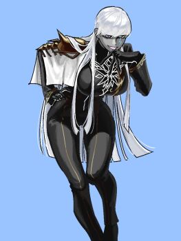 1girl asymmetrical_clothes bent_over black_bodysuit black_gloves blue_background blue_eyes blunt_ends bodysuit breasts colored_skin commentary_request facial_mark fate/grand_order fate_(series) genderswap genderswap_(mtf) gloves grey_skin hand_on_own_hip indra_(fate) large_breasts lightning_bolt_facial_mark long_hair saijindan shoulder_spikes solo spikes tongue very_long_hair white_hair