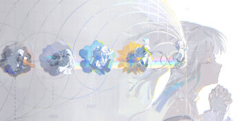 2020 2022 2024 2025 6+girls absurdres chinese_commentary closed_eyes commentary_request flower from_behind from_side highres irple isekaijoucho kamitsubaki_studio long_hair multiple_girls multiple_persona nemophila_(flower) own_hands_clasped own_hands_together profile progression simple_background sunflower upper_body virtual_youtuber white_background white_hair