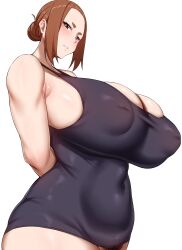 Rule 34 | 1girl, absurdres, arind yudha, arms behind back, bare shoulders, blush, breasts, brown hair, covered navel, covered nipples, female pubic hair, highres, huge breasts, inverted nipples, kaii to otome to kamigakushi, long hair, mole, mole under eye, ogawa sumireko, parted lips, pubic hair, simple background, smile, solo