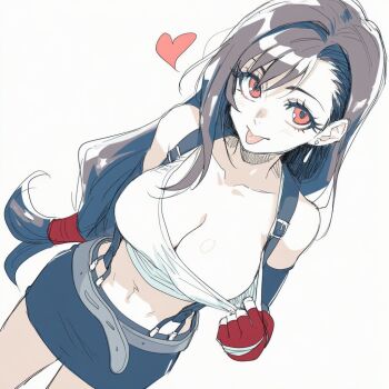 1girl ai-generated ai-generated_art_(topic) arm_behind_back breasts brown_hair cleavage final_fantasy final_fantasy_vii fingerless_gloves gloves heart lapis_slopzuli large_breasts legs long_hair looking_at_viewer naughty_face navel pulling_own_clothes red_eyes skirt smile solo square_enix suspenders tank_top teasing thighs tifa_lockhart tongue tongue_out