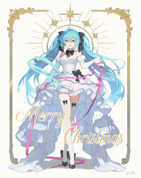 Rule 34 | 1girl, absurdres, ahoge, bare shoulders, black bow, black bowtie, blue shrimp, blush, bow, bowtie, commentary request, dress, elbow gloves, full body, garter straps, gloves, hair between eyes, hatsune miku, high heels, highres, long hair, looking at viewer, merry christmas, open mouth, pink ribbon, ribbon, smile, solo, strapless, strapless dress, thick thighs, thighhighs, thighs, twintails, very long hair, vocaloid, white dress, white gloves, white thighhighs, zettai ryouiki