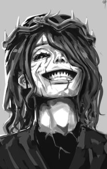 Rule 34 | 1boy, aegyo sal, black eyes, black hair, black shirt, commentary, crazy grin, crown, english commentary, from below, greyscale, hair over one eye, highres, l3xarts 17, long hair, looking at viewer, mad prince, monochrome, multiple scars, open mouth, scar, scar on face, shadow slave, shirt, snake