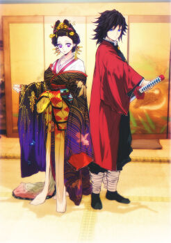 1boy 1girl absurdres animal_print bandaged_leg bandages black_hair black_jacket black_pants black_socks blue_eyes butterfly_print commentary_request demon_slayer_uniform drawing_sword full_body gold_buttons hair_between_eyes hair_ornament hair_stick hairpin haori highres holding holding_sword holding_weapon jacket japanese_clothes kimetsu_no_yaiba kimono kochou_shinobu light_smile medium_hair niku_(ni23ku) pants purple_eyes red_haori socks standing sword tomioka_giyuu updo weapon wide_sleeves