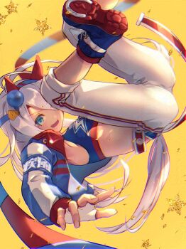 1girl animal_ears blue_eyes blue_hairband blue_jacket blue_sports_bra blush breasts ear_covers fang gloves grey_hair grey_tail hair_between_eyes hairband headband highres horse_ears horse_girl horse_tail jacket lightning_bolt_print long_hair long_sleeves midriff mizutsuki_arika multicolored_hairband open_mouth pants red_headband small_breasts smile sports_bra star_(symbol) striped_clothes striped_hairband tail tamamo_cross_(umamusume) tamamo_cross_(with_lightning_speed)_(umamusume) two-tone_hairband umamusume white_gloves white_pants