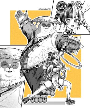 1boy 1girl absurdres animal_ears artist_name blush bracelet chakram chinese_clothes claws closed_eyes dialyn_(zenless_zone_zero) fangs fighting_stance furry furry_male greyscale_with_colored_background highres jewelry kung_fu looking_at_viewer mixed-language_commentary open_mouth pan_yinhu panda_boy panda_ears partially_colored pawpads smile soukakute spiked_bracelet spikes standing standing_on_one_leg twitter_username weapon wok zenless_zone_zero