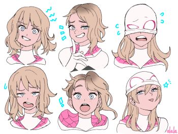 ! 1girl :o asymmetrical_hair blonde_hair blue_eyes brown_hair cropped_shoulders eyebrow_piercing eyelashes face_piercing finger_to_own_chin flat_color flying_sweatdrops freckles gradient_hair grin gwen_stacy highres hood hood_down marvel medium_hair multicolored_hair multiple_expressions multiple_views notice_lines piercing portrait short_hair smile spider-gwen spider-man:_into_the_spider-verse spider-man_(series) spider-verse star_(symbol) sushi_pizza_rrr teeth tongue tongue_out tooth_gap undercut white_mask