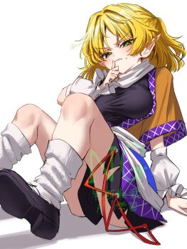 black_shirt black_shoes blonde_hair blush breasts brown_jacket commentary detached_sleeves green_eyes highres jacket legs looking_at_viewer loose_socks medium_breasts medium_hair mizuhashi_parsee neckerchief on_floor parted_lips pointy_ears shirt shoes short_sleeves sitting skirt socks sweatdrop thighs thumb_to_mouth touhou twitter_username waramori_fuzuka watermark white_neckerchief white_socks