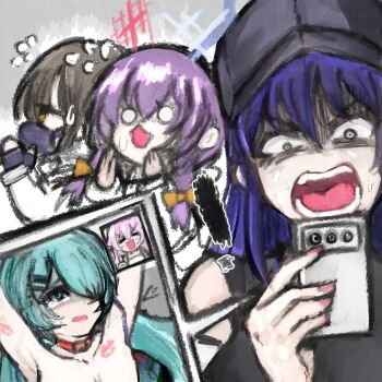 ! &gt;_&lt; 5girls arius_squad_(blue_archive) armpits arms_up atsuko_(blue_archive) black_hair blue_archive blue_hair breasts brown_eyes cellphone closed_eyes constricted_pupils convenient_censoring flying_sweatdrops grey_eyes hair_over_one_eye half-closed_eye halo hiyori_(blue_archive) horrified hoshino_(blue_archive) large_breasts lipstick_mark long_hair low_twintails misaki_(blue_archive) multiple_girls nervous nude o_o open_mouth panicking phone pink_hair purple_hair restrained riseki saori_(blue_archive) shadow smartphone surprised sweat tears teeth tongue twintails watching white_eyes wide-eyed yuri