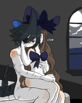 1boy 1girl blue_bow blue_eyes blue_hair blue_hat blush bow brown_hair carniccity closed_mouth cloud colored_skin completely_nude eyepatch fins fish_tail flat_chest funamusea hand_on_another's_hand hand_on_lap hat hat-bow head_fins heart hetero indoors jitome kiss long_hair motion_lines navel nude oounabara_to_wadanohara samekichi_(funamusea) scar scars_all_over shark_boy shark_tail sitting sitting_on_lap sitting_on_person smile source_request sunglasses tail too_many wadanohara water white_skin window witch witch_hat