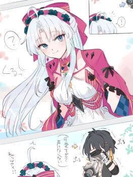 ! 2girls ? ahoge aqua_eyes black_hair bow breasts camera carlotta_(wuthering_waves) closed_mouth commentary_request covering_own_face dress female_rover_(wuthering_waves) grey_hair hachikuma_z hair_bow hair_ribbon hairband highres holding holding_camera jacket long_hair medium_breasts multiple_girls parted_bangs pink_bow pink_hairband pink_jacket ribbon rover_(wuthering_waves) smile spoken_exclamation_mark spoken_question_mark translation_request trembling white_dress wuthering_waves yellow_ribbon