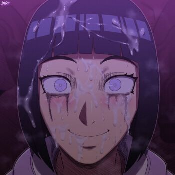 1girl alone_in_the_dark black_hair bob_cut boruto:_naruto_next_generations close-up creepy creepy_eyes creepy_smile cum cum_on_body cum_on_chin cum_on_hair d-art evil_grin evil_smile facial grin hyuuga_hinata jacket looking_at_viewer makeup makeup_brush mature_female naruto_(series) purple_background purple_jacket scary scary_face short_hair smile solo tagme wide-eyed