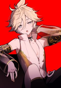 1boy :o antenna_hair art_waven bare_shoulders black_choker black_shorts black_sleeves black_socks blonde_hair blue_eyes choker collared_shirt commentary detached_sleeves double-parted_bangs elbow_rest english_commentary feet_out_of_frame grey_eyes hair_between_eyes hair_flaps hand_up headphones highres kagamine_len knee_up kneehighs long_sleeves looking_at_viewer male_focus multicolored_eyes nail_polish navel open_mouth partially_unbuttoned pectorals project_diva_(series) red_background see-through_clothes see-through_sleeves shirt short_hair shorts simple_background sitting sleeveless sleeveless_shirt socks solo teeth tongue two-tone_eyes uneven_eyes upper_teeth_only vocaloid white_shirt yellow_nails