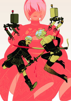 1boy 2b_(nier:automata) 2girls 9s_(nier:automata) a2_(nier:automata) absurdres android armlet black_hairband black_panties blindfold blood bloody_weapon boots covered_eyes elbow_gloves fighting gloves hairband high_heels highres jewelry joints katana mole mole_under_mouth multiple_girls nier:automata nier_(series) no_blindfold panties pod_(nier:automata) robot_joints sarakipin short_hair sword thighhighs thighhighs_under_boots underwear unworn_blindfold virtuous_contract weapon white_hair