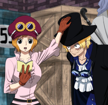 Rule 34 | 1girl, 2boys, ascot, belt, black belt, black hat, black jacket, blonde hair, blue eyes, blue shirt, book, box, brown gloves, brown hair, character request, closed mouth, commentary request, eyelashes, gloves, goggles, goggles around neck, hand on another's head, hat, highres, holding, holding book, jacket, koala (one piece), lead pipe, long sleeves, multiple boys, musasabiop, newsboy cap, one piece, open mouth, red hat, sabo (one piece), scar, scar across eye, scar on face, shirt, white ascot