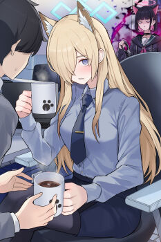 1boy 2girls absurdres angry animal_ears aura black_hair blonde_hair blue_archive blue_eyes cat_ears cat_girl chair cheating_(relationship) coffee_mug colored_inner_hair cuffs cup dark_aura dog_ears dog_girl faceless faceless_male halo handcuffs highres holding holding_cup jealous kanna_(blue_archive) kazusa_(blue_archive) mi_taro333 mug multicolored_hair multiple_girls necktie office_chair pill pink_hair sharing solo_focus swivel_chair