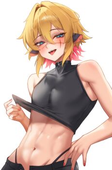 1boy absurdres animal_ears blonde_hair blue_eyes blush collar collarbone commentary cowboy_shot english_commentary hair_between_eyes hair_intakes half-closed_eyes highres indie_virtual_youtuber linea_alba looking_at_viewer male_focus maviss_03 navel open_mouth pink_nails scar scar_on_face second-party_source shiyorua_(vtuber) simple_background sleeveless solo sweatdrop teeth tongue tongue_out trap upper_teeth_only virtual_youtuber white_background