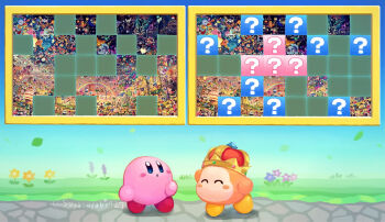:o ^_^ arched_crown artist_name blue_eyes blue_flower chef_kawasaki closed_eyes commentary_request crown flower highres kirby kirby's_dream_land kirby_(series) lavender_(flower) leaf looking_up nintendo no_humans orange_flower outdoors parody parted_lips path pink_flower puzzle puzzle_swap road standing suyasuyabi title_parody twitter_username waddle_dee