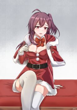 1girl absurdres ahoge arm_warmers blush breasts brown_eyes capelet cleavage commentary_request couch dress fur-trimmed_capelet fur_trim gloves grey_background hagikaze_(christmas)_(kancolle) hagikaze_(kancolle) highres kantai_collection long_hair looking_at_viewer medium_breasts mittens official_alternate_costume one_side_up purple_hair red_capelet ribbon rukialice santa_costume santa_dress sitting smile solo thighhighs white_gloves white_mittens white_thighhighs