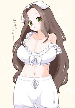 1girl :o absurdres arms_behind_back bloomers blush bow breasts brown_hair cleavage collarbone commentary cowboy_shot cropped_shirt forehead frilled_shirt frills green_eyes hair_bow highres large_breasts long_hair looking_at_viewer navel olto_rondo open_mouth original shirt simple_background solo stomach symbol-only_commentary translation_request underwear white_bloomers white_bow white_shirt yellow_background