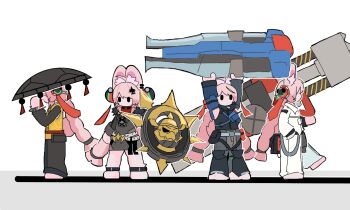 1girl ahoge animal_ear_fluff animal_ears animal_feet anklet arms_up ben_bigger ben_bigger_(cosplay) black_eyes black_jacket bracelet braid braided_twintails caesar_king_(zenless_zone_zero) caesar_king_(zenless_zone_zero)_(cosplay) coat commentary cosplay english_commentary from_side furry furry_female grey_pants hair_ornament hairpin highres holding holding_shield holding_weapon jacket jewelry kba_000 long_hair multiple_views no_mouth orange_vest pan_yinhu pan_yinhu_(cosplay) pants pink_fur pink_hair rabbit_ears rabbit_girl seth_lowell seth_lowell_(cosplay) shield simple_background spiked_bracelet spikes vest weapon white_background white_coat white_pants wok zenless_zone_zero zhao_(zenless_zone_zero)