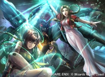 1boy 2girls aerith_gainsborough arm_up armor bangle battle belt blonde_hair bracelet braid braided_ponytail breasts brown_hair buster_sword choker clenched_teeth cloud_strife commentary_request cropped_jacket dress elbow_gloves final_fantasy final_fantasy_vii final_fantasy_vii_rebirth final_fantasy_vii_remake flower_choker gloves green_shirt grey_shorts hair_between_eyes hair_ribbon headband hokuyuu holding holding_staff holding_sword holding_weapon jacket jewelry long_dress long_hair magic magic:_the_gathering medium_breasts mermaid_dress monster multiple_belts multiple_girls official_art one_eye_closed open_mouth parted_bangs parted_lips pauldrons pink_dress pink_ribbon puffy_short_sleeves puffy_sleeves red_jacket ribbon shirt short_hair short_sleeves shorts shoulder_armor sidelocks single_bare_shoulder single_braid single_pauldron sleeveless sleeveless_turtleneck spiked_hair square_enix staff suspenders sword teeth turtleneck weapon yuffie_kisaragi