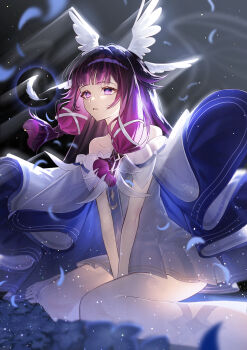 1girl absurdres bare_shoulders black_hair collarbone columbina_(genshin_impact) commentary_request falling_feathers feathered_wings feathers fuli_(narumiyafuri) genshin_impact hair_ribbon head_wings highres long_sidelocks multiple_wings open_mouth pink_eyes ribbon sidelocks sitting solo wariza white_feathers white_ribbon white_wings wings