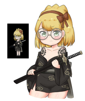 1girl bailingxiao_jiu black_kimono blonde_hair blush bow brown_bow brown_hairband closed_mouth commentary_request cropped_legs female_focus glasses green_eyes grey-framed_eyewear hair_bow hairband holding holding_sheath japanese_clothes katana kimono library_of_ruina lobotomy_corporation obi off_shoulder project_moon reference_work round_eyewear sash sheath sheathed short_kimono shoulder_tattoo simple_background solo sword tattoo tiphereth_a_(project_moon) weapon white_background