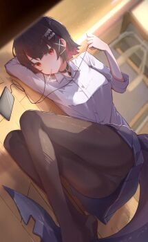 Rule 34 | 1girl, arm up, black choker, black hair, black pantyhose, black skirt, blurry, blurry background, cellphone, choker, collared shirt, colored inner hair, commentary request, ellen joe, ellen joe (on campus), fins, fish tail, highres, lollipop in mouth, looking at viewer, lying, multicolored hair, official alternate costume, on side, pantyhose, phone, pleated skirt, red eyes, school uniform, shark girl, shark tail, shirt, short hair, skirt, smartphone, solo, soyose, tail, thighs, three-quarter sleeves, white shirt, zenless zone zero