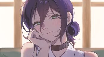 1girl black_choker chainsaw_man choker closed_mouth collared_shirt green_eyes hair_between_eyes hair_bun hand_on_own_cheek hand_on_own_face highres looking_at_viewer medium_hair purple_hair reze_(chainsaw_man) shirt solo tsukiclover white_shirt window