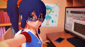 1girl 3d blue_hair cellphone computer glasses highres original phone reaching reaching_towards_viewer selfie smartphone