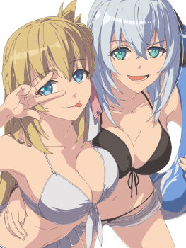 Rule 34 | 2girls, agnes claudel, arm around waist, bikini, bikini bottom under shorts, bikini skirt, bikini under clothes, black bikini, blonde hair, blue eyes, braid, breasts, bun with braided base, chiharu (9654784), cleavage, collarbone, commentary request, commission, crossed bangs, double-parted bangs, eiyuu densetsu, front-tie bikini top, front-tie top, hair between eyes, hair bun, highres, holding, holding swim ring, innertube, kuro no kiseki (series), large breasts, long hair, looking at viewer, multiple girls, open mouth, shizuna rem misurugi, shorts, simple background, single side bun, skeb commission, smile, swim ring, swimsuit, tongue, tongue out, v, white background, white bikini, white hair