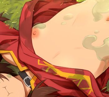1girl absurdres breasts breasts_out choker clothes_lift defeat dress dress_lift embarrassed grass highres khyle. kono_subarashii_sekai_ni_shukufuku_wo! loli lying lying_on_grass magical_girl megumin navel nipple_slip nipples nude obscured_face on_back on_grass on_ground petite pout red_dress small_breasts solo topless_female water