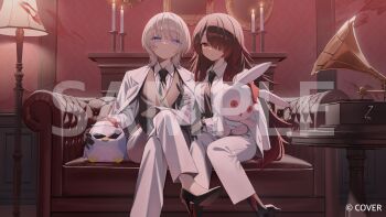 2girls ai_(u_e_o_o) banpen_(todoroki_hajime) black_gloves black_necktie black_shoes black_vest blonde_hair brown_hair collared_shirt commentary_request copyright_name couch crossed_legs dress_shirt formal_clothes gloves gradient_hair hair_over_one_eye hand_on_own_knee high_heels highres hololive hololive_dev_is indoors jacket long_hair looking_at_viewer mechanical_legs medium_hair multicolored_hair multiple_girls necktie official_art on_couch pant_suit pants parted_lips phonograph purple_eyes purple_hair roboco-san sample_watermark shirt shoes sitting spiked_hair streaked_hair suit suit_jacket todoroki_hajime turntable very_long_hair vest virtual_youtuber watermark white_jacket white_pants white_shirt yellow_eyes