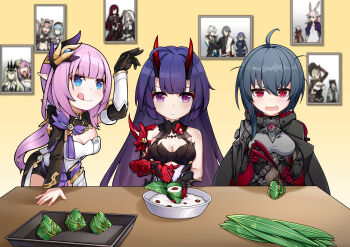 Rule 34 | 3girls, :p, absurdres, ahoge, aponia, blue eyes, blue hair, commentary request, demon horns, eden (honkai impact), elysia (honkai impact), elysia (miss pink elf) (honkai impact), food, french kiss, fu hua, griseo, highres, honkai (series), honkai impact 3rd, horns, kalpas (honkai impact), kevin kaslana, kiss, kosma, mobius (honkai impact), multiple girls, pardofelis, picture frame, pink hair, purple hair, raiden mei, raiden mei (herrscher of thunder), raven (honkai impact), red eyes, short hair, su (honkai impact), tongue, tongue out, vill-v, xu lan (miyoushe 6637485), yae sakura, zongzi