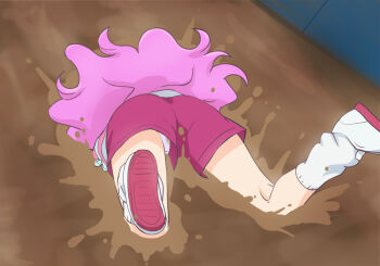 1girl ass from_behind full_body haruyama_kazunori laura_la_mer long_hair mud panties pink_hair pink_shorts precure ribbon shirt shoe_soles shoes shorts socks solo tropical-rouge!_precure underwear white_panties white_shoes white_socks