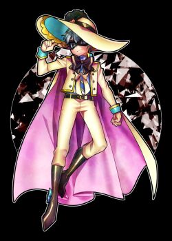 Rule 34 | 1boy, belt, black background, black belt, black boots, black bow, black bowtie, black pepper (precure), blue bow, boots, bow, bowtie, closed mouth, commentary, commentary request, delicious party precure, english commentary, eye mask, footwear bow, gloves, grey eyes, grey hair, hat, hat feather, magical boy, mask, mixed-language commentary, pants, precure, senmu (0107), shinada takumi, simple background, smile, solo, white bow, white pants