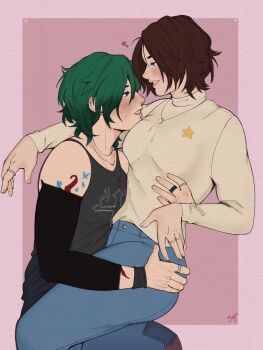 2girls aqua_hair arm_tattoo black_sleeves black_tank_top blue_pants brown_hair butterfly_tattoo chloe_price commentary denim detached_sleeves english_commentary heart highres jewelry life_is_strange:_reunion life_is_strange_(series) max_caulfield multiple_girls necklace pants pink_background print_tank_top ring short_hair star_(symbol) sweater tank_top tattoo turtleneck white_sweater xsoju yuri