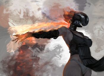 1girl apron bare_shoulders black_apron black_gloves bomb bomb_devil_(chainsaw_man) breasts chainsaw_man cleavage cowboy_shot explosive fire gloves grenade_pin highres killem_soft large_breasts outstretched_arm panties reze_(chainsaw_man) sharp_teeth sideboob solo sparkle teeth underwear upper_body white_panties