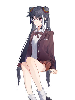 1girl absurdres ahiruuyew black_hair black_shoes bow bowtie collared_shirt commentary_request double_bun hair_bun highres invisible_chair jacket jia_xichun_(project_moon) lapels limbus_company long_hair looking_at_viewer multicolored_hair notched_lapels project_moon red_bow red_bowtie red_jacket red_skirt school_uniform shirt shoes simple_background sitting skirt socks streaked_hair twintails very_long_hair white_background white_shirt white_socks white_streaks