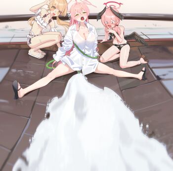 Rule 34 | <|> <|>, 3girls, absurdres, bikini, bikini visible through clothes, black bikini, black bow, black wings, blonde hair, blood, blue archive, blush, bow, braid, breasts, cleavage, collared shirt, commentary, feathered wings, frilled bikini, frills, green eyes, hair between eyes, hair bow, halo, hanako (blue archive), hanako (swimsuit) (blue archive), hifumi (blue archive), hifumi (swimsuit) (blue archive), highres, hose, jochal, koharu (blue archive), koharu (swimsuit) (blue archive), large breasts, meme, multiple girls, nosebleed, off-shoulder bikini, off shoulder, official alternate costume, official alternate hairstyle, open mouth, pink hair, pink halo, red halo, saliva, sandals, shirt, single braid, small breasts, spread legs, strapless, strapless bikini, swimsuit, teeth, tongue, tongue out, twintails, white bikini, white sandals, wings, yellow eyes