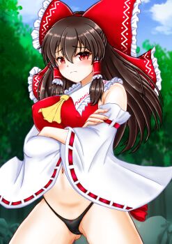 1girl alternate_breast_size_(larger) armpit_crease ascot bare_shoulders black_panties blue_sky blush bow breasts brown_hair closed_mouth cloud cloudy_sky collar collared_vest commentary_request covered_erect_nipples crossed_arms day detached_sleeves floating_hair forest frilled_bow frilled_collar frilled_hair_tubes frills frown gluteal_fold hair_tubes hakurei_reimu highres huge_bow impossible_clothes impossible_vest large_breasts long_hair looking_at_viewer midriff_peek nature navel nontraditional_miko outdoors panties red_bow red_eyes red_ribbon red_vest ribbon ribbon-trimmed_sleeves ribbon_trim sky solo touhou two-tone_bow underwear ura_tomomi variant_set vest white_bow yellow_ascot