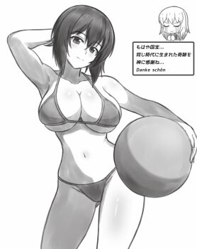 2girls absurdres arm_behind_head arm_up ball bikini breasts chibi cleavage closed_eyes closed_mouth collarbone crying curvy girls_und_panzer greyscale highres holding holding_ball iteza_(flapper_girl_25) itsumi_erika large_breasts long_hair looking_at_viewer monochrome multiple_girls navel nishizumi_maho short_hair smile swimsuit thong thong_bikini translation_request wide_hips
