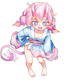 1girl barefoot blue_eyes breasts chaosexceed commentary fang full_body highres horns japanese_clothes kimono open_mouth original paid_reward_available pink_hair simple_background small_breasts solo tail variant_set white_background