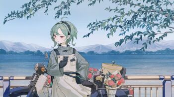 Rule 34 | 1girl, absurdres, ahoge, black bow, black bowtie, black gloves, black hairband, bouquet, bow, bowtie, branch, commentary, creature, fingerless gloves, flower, gloves, green hair, guard rail, hairband, highres, holding, holding phone, honda super cub, landscape, long sleeves, looking to the side, motor vehicle, mountainous horizon, natsuba002, original, outdoors, overall skirt, phone, red eyes, scooter, short hair, sidelocks, sweater, untranslatable commentary, turtleneck, turtleneck sweater, upper body