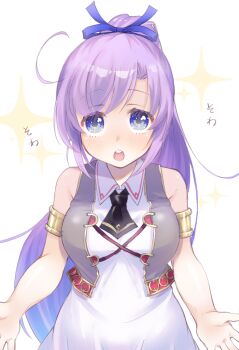 1girl ahoge armlet black_necktie blue_bow blue_eyes bow breasts dress gold_armlet grey_jacket hair_bow highres incoming_hug iris_mysteria! jacket large_breasts necktie open_mouth patricia_shandy ponytail purple_hair solo sparkle_background wanokuni_(wakokusforest) white_background white_dress