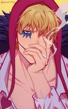 1boy absurdres blonde_hair cigarette collarbone commentary donquixote_rocinante english_commentary facial_mark hair_over_one_eye hat heart heart_print highres kaizer_(kaizerxking) looking_at_viewer male_focus one_piece print_shirt red_hat shirt short_hair smoke smoke_trail smoking solo yellow_background